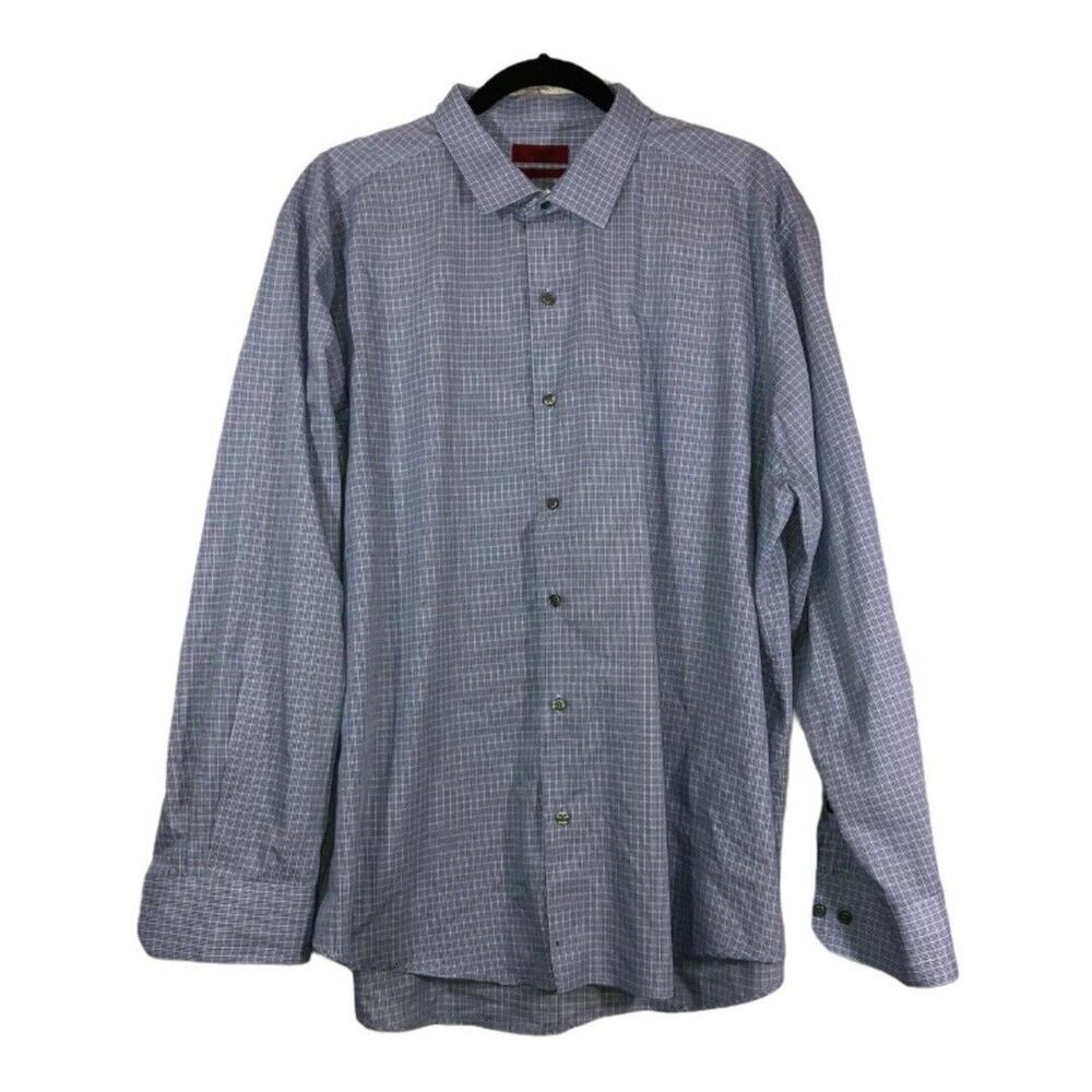 Alfani Mens Fitted Performance Button Up Dress Shirt Sz 18 34-35 XXL Blue Plaid
